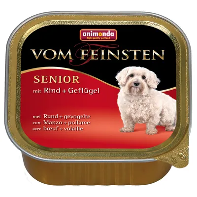Embalagem de comida húmida para cães Animonda Vom Feinsten Senior, visível texto: mit Rind + Geflügel, com Manzo + pollame, avec bœuf + volaille. Imagem de um cão pequeno na frente.