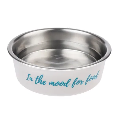 Stainless steel food bowl with white exterior and blue 'In the mood for food' lettering.
