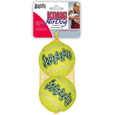 KONG AirDog Interactive Tennis Fetch Toy, to gule tennisbolde i net, skånsom mod tænder og tandkød.