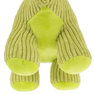 Grünes Plüschspielzeug mit gerippten Beinen und weicher Oberfläche, geeignet für Haustiere.