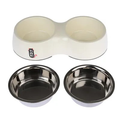 Ceramic double bowl with two round compartments, suitable for food and water.