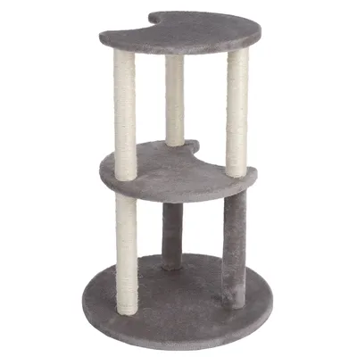 Árbol rascador de tres niveles, felpa gris y columnas envueltas en sisal.