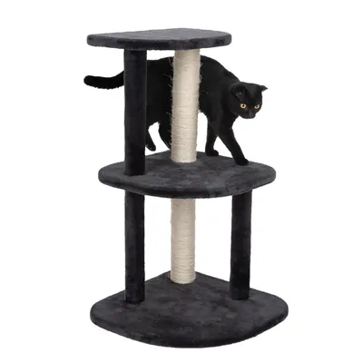 Cat tree with three levels, black fabric cover and sisal scratching posts. Black cat exploring the middle level.