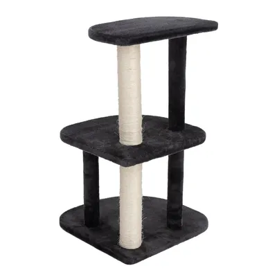 Cat tree with three levels, black plush and two sisal posts.