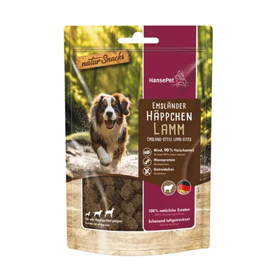 HansePet Emsländer Bidder Lam, min. 90% kødandel, monoprotein, kornfri, 100% naturlige ingredienser, skånsomt lufttørret, egnet til alle hundestørrelser, Made in Germany. HansePet Emsländer Bidder Lam, min. 90% kødandel, monoprotein, kornfri, 100% naturlige ingredienser, skånsomt lufttørret, egnet til alle hundestørrelser, Made in Germany.