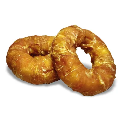 Zwei braune, runde Kauringe aus getrocknetem Material, geeignet als Kausnack für Haustiere.