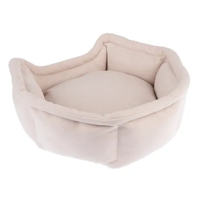 Beige, rond huisdierenbed met gewatteerde zijkanten en zacht ligoppervlak.