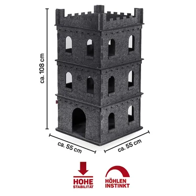 Torre de fieltro de tres niveles, aprox. 108 cm de alto y 55 cm de ancho. Símbolos: gran estabilidad e instinto de refugio.