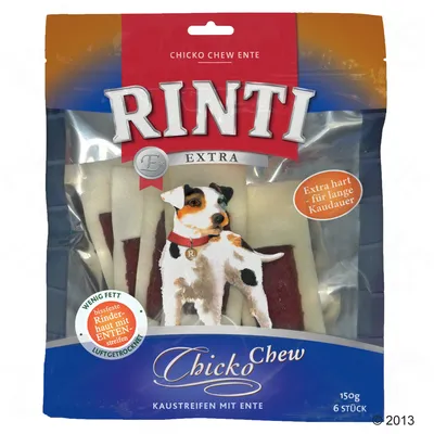 Ambalaj Rinti Extra Chicko Chew Ente, 150g, 6 bucăți. Text vizibil: 'Extra hart für lange Kaudauer', 'wenig Fett', 'dürrste Rinderhaut mit Entenstreifen'. Imagine câine pe ambalaj.