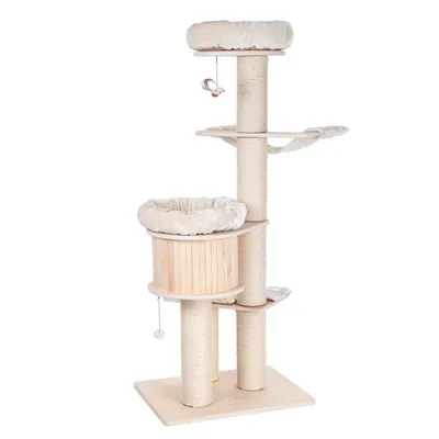 Vaalea raapimispuu, jossa useita tasoja, kaksi pehmustettua petipaikkaa, lelu ja pyöreä piilopaikka. Rungot päällystetty vaalealla narulla, pohja puuta.