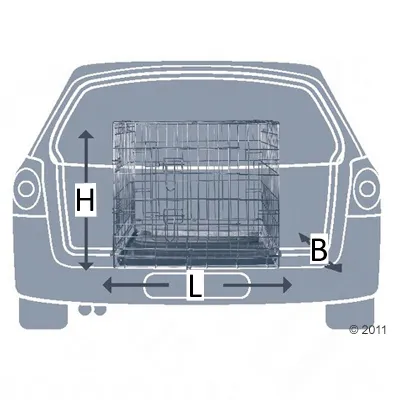 Schemat klatki transportowej w bagażniku samochodu z oznaczeniami wymiarów: wysokość (H), szerokość (L), głębokość (B).