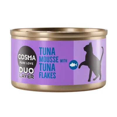 Lata de comida para gatos Cosma Pure Love Duo Layer, texto visible: Tuna mousse with tuna flakes, fondo lila, silueta de gato y símbolo de pez.
