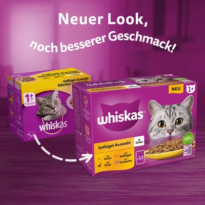 Whiskas Geflügel Auswahl in Gelee, упаковка 12×85 г для кошек старше 1 года. Текст на немецком: Neuer Look, noch besserer Geschmack! Варианты: курица, утка, индейка.