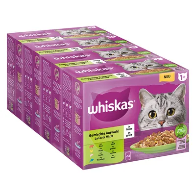 Whiskas Gemischte Auswahl La Carte Mixte v želé, 12 porcií. Druhy: hovädzie, kuracie, losos, tuniak. Pre mačky od 1 roka. 100% vyvážená strava.