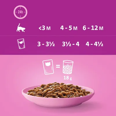 Recomendación de alimentación para gatos: <3 meses 3-3½ sobres, 4-5 meses 3½-4 sobres, 6-12 meses 4-4½ sobres. 1 sobre equivale a 18g de pienso seco.