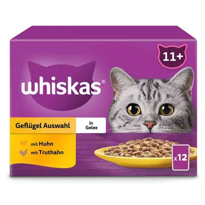 whiskas 11+, Geflügel Auswahl in Gelee, mit Huhn, mit Truthahn, paquete de 12 sobres. Imagen de un gato y plato con comida húmeda.