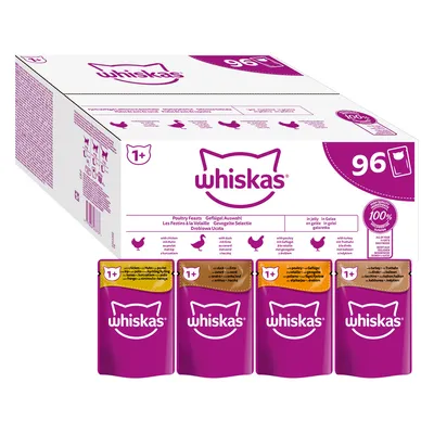 Whiskas hydinový výber, 96 porcií v želé. Druhy: kuracie, kačacie, morčacie. Pre mačky od 1 roka. 100% vyvážená strava.