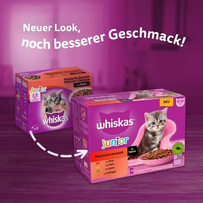 Whiskas Junior Klassische Auswahl in Sauce, für Katzen von 2-12 Monaten. Neuer Look, noch besserer Geschmack. Sorten: Rind, Huhn, Lamm, Geflügel. Packung mit 12 Portionsbeuteln.