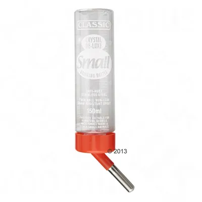 Napáječka CLASSIC Crystal De-Luxe Small, 150 ml, nerezová tryska, vhodná pro křečky, gerbily, myši, malé ptáky a další malá zvířata. Text: anti-rust stainless steel, twin ball non-leak.