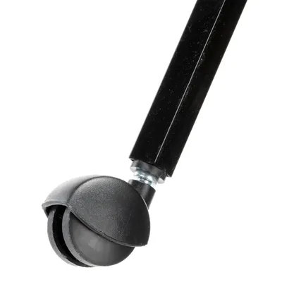 Close-up of a black swivel caster wheel attached to a metal leg, showing the wheel’s design and connection for mobility.