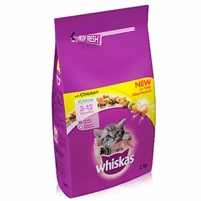Whiskas Kitten 2–12 Months with Chicken, 2 kg bag. Visible text: NEW with Tasty Filled Pockets, ZIP FRESH, supports natural defences.