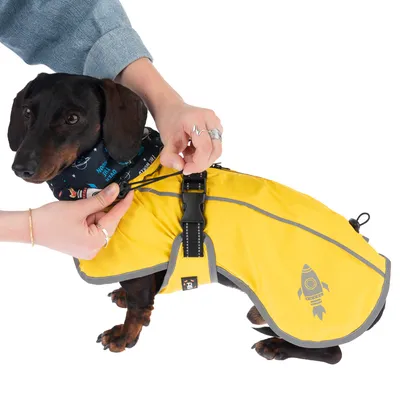 Cappotto per cani giallo con motivo razzo, chiusura regolabile adattata dalle mani.