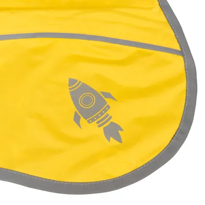 Tessuto giallo con motivo razzo grigio e strisce grigie rifrangenti.