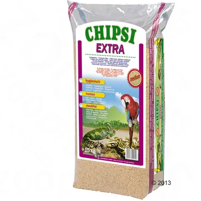 CHIPSI EXTRA Medium, hygienisch, trocken, staubfrei. Verpackung mit 15 kg Einstreu für Terrarien und Vögel. Abgebildet: Papagei, Chamäleon und Schlange.