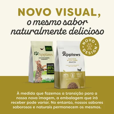 Applaws ração seca para gatos adultos, frango com borrego. Embalagens antiga e nova visíveis. Texto: 'Novo visual, o mesmo sabor naturalmente delicioso'. Selo: 'Novo design'.