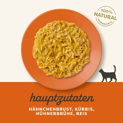 Hauptzutaten: Hähnchenbrust, Kürbis, Hühnerbrühe, Reis. 100% natürliche Zutaten. Silhouette einer Katze rechts unten.