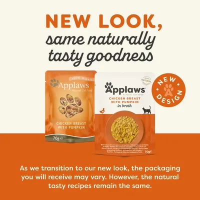 Applaws chicken breast with pumpkin packaging update. New look shown, recipe unchanged. Packaging received may differ but natural tasty recipes remain the same.