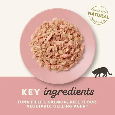 Key ingredients: tuna fillet, salmon, rice flour, vegetable gelling agent. Made with natural ingredients. Image shows food on a plate.