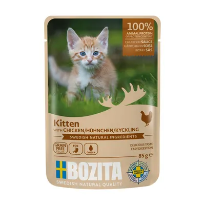 Sobre de comida para gatitos Bozita con pollo, 85 g. Ingredientes naturales suecos, receta sin cereales, FOS, omega. 100 % proteína animal. Sabor delicioso, fácil digestión.