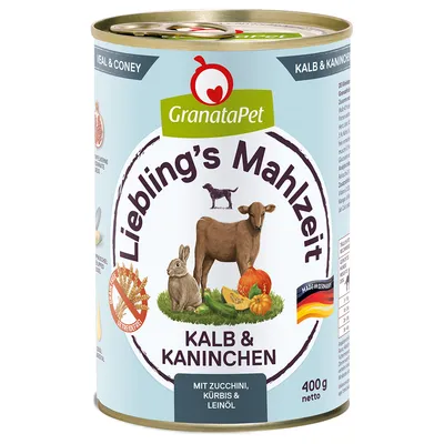 GranataPet Liebling's Mahlzeit veal & rabbit with courgette, pumpkin & linseed oil. Made in Germany, 400g net, grain-free.