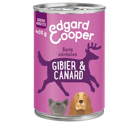 Edgard Cooper natvoer voor volwassen honden, smaak wild en eend, graanvrij, 400g blik.