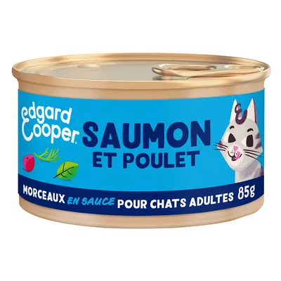 Edgard & Cooper Saumon et Poulet, stukken in saus voor volwassen katten, 85g. Tekst op blik deels in het Frans.