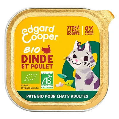 Edgard Cooper Bio Dinde et Poulet, biologische paté voor volwassen katten. Gecertificeerd AB Agriculture Biologique en EU-Bio NL-BIO-01. 0% toegevoegde suikers.