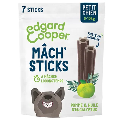 Edgard Cooper Mâch' Sticks, 7 bâtonnets, pour petits chiens 0-10 kg, avec pomme et huile d'eucalyptus, faible en calories, longue mastication.