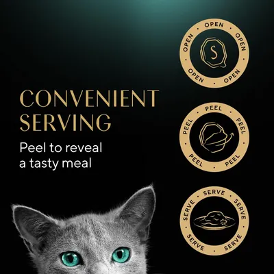 Instructions showing convenient serving: open, peel to reveal a tasty meal, and serve. Includes text 'Peel to reveal a tasty meal' and step-by-step icons.
