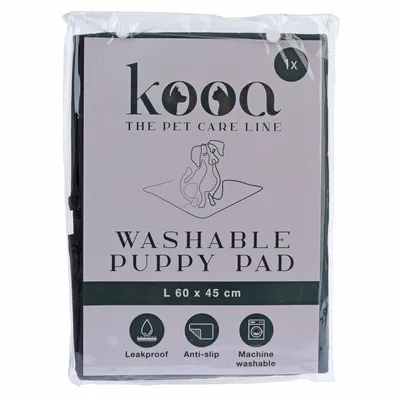 kooa Washable Puppy Pad, Grösse L 60 x 45 cm, auslaufsicher, rutschfest, maschinenwaschbar. Verpackung mit Hundegrafik und Produktdetails.