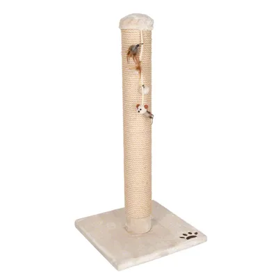 Kradsestolpe med sisalreb, firkantet bundplade i beige stof og to hængende legetøjsmus. Poteaftryk synligt på hjørnet af bundpladen.