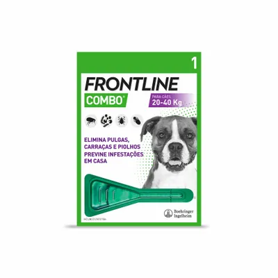 Embalagem Frontline Combo para cães 20–40 kg. Elimina pulgas, carraças e piolhos. Previne infestações em casa. Inclui pipeta verde. Marca Boehringer Ingelheim.