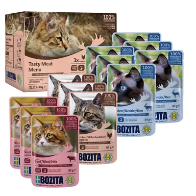 Bozita Tasty Meat Menu kattmat, 12 x 85 g portionspåsar med smakerna nöt, kycklinglever och ren. Text: 100 % animaliskt protein, spannmålsfritt, Swedish natural ingredients.