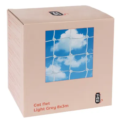 Tiaki Cat Net, cinzento-claro, tamanho 8x3m. Embalagem com imagem de uma rede contra o céu azul.