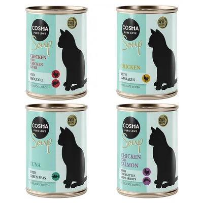 Cosma Soup, viljaton resepti. Lajit: kana parsan kanssa, kana ja kananmaksa parsakaalilla, tonnikala vihreillä herneillä, kana ja lohi kesäkurpitsalla ja porkkanalla.