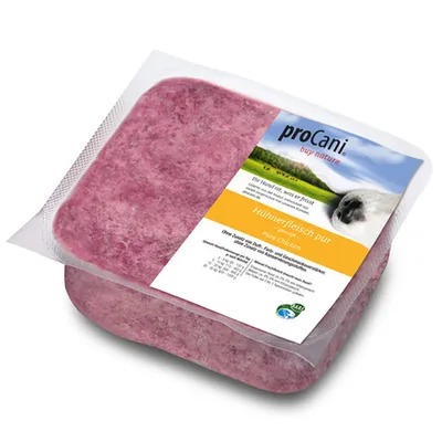 proCani Hühnerfleisch pur, gefroren. Ohne Zusatz von Salz, Farb- und Geschmacksstoffen. Analyse: Protein 18%, Fett 8%, Feuchtigkeit 70%.