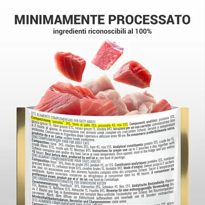 Testo: 'MINIMAMENTE PROCESSATO, ingredienti riconoscibili al 100%'. Etichetta visibile con composizione: tonnetto 34%, filetti di pollo 25%, prosciutto 4%, riso 15%.