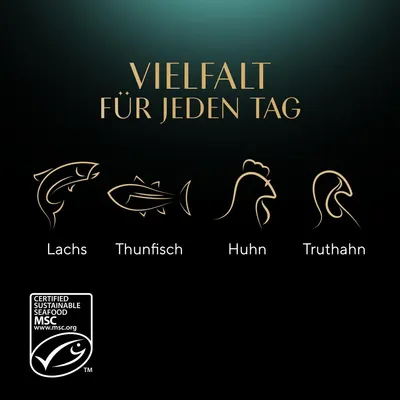 Vielfalt für jeden Tag: Lachs, Thunfisch, Huhn, Truthahn. Zertifiziert nachhaltige Meeresfrüchte MSC www.msc.org.