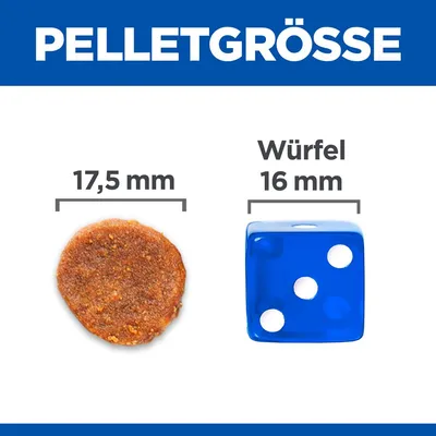 Vergelijking van pelletgrootte: rond pellet met diameter 17,5 mm naast een blauwe kubus met een ribbe van 16 mm.
