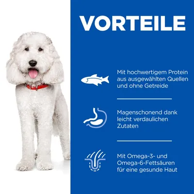 Vorteile: Hochwertiges Protein aus ausgewählten Quellen, ohne Getreide. Magenschonend dank leicht verdaulicher Zutaten. Omega-3- und Omega-6-Fettsäuren für gesunde Haut.